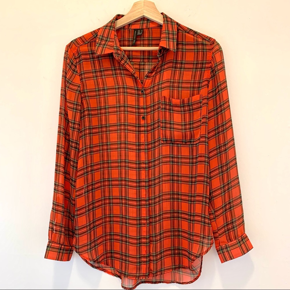 Women’s Plaid Button Down Shirt Size 6 Orange Long Sleeve Like NEW!